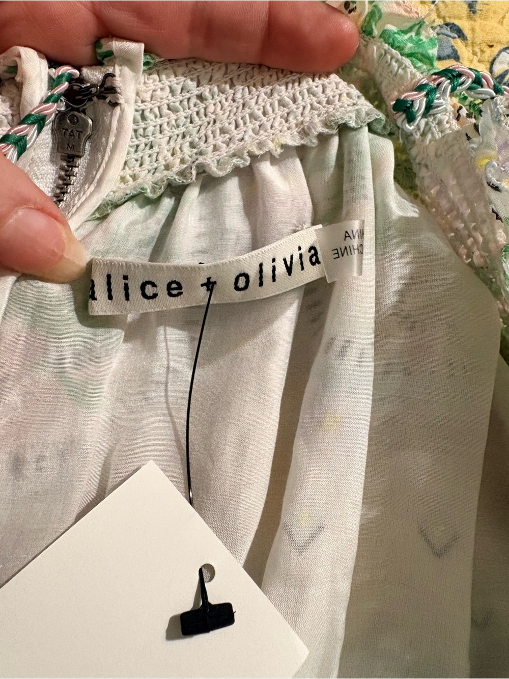 ALICE + OLIVIA Off-Shoulder Smocked Dress with Green Floral Print (Small petite) - Picture 8 of 16